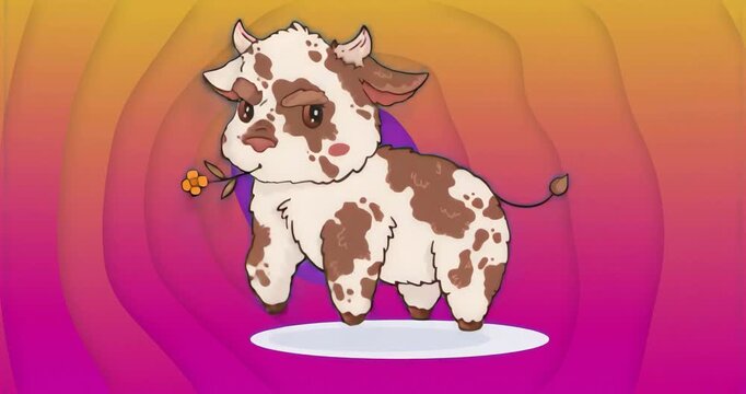 At start cartoon calf looping walk lifting legs tilting head swaying flower on stage showing cycle