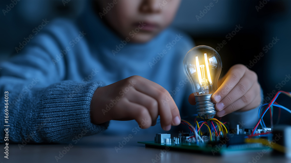 Poster a child is conducting a science experiment with a glowing lightbulb and electrical components, symbo