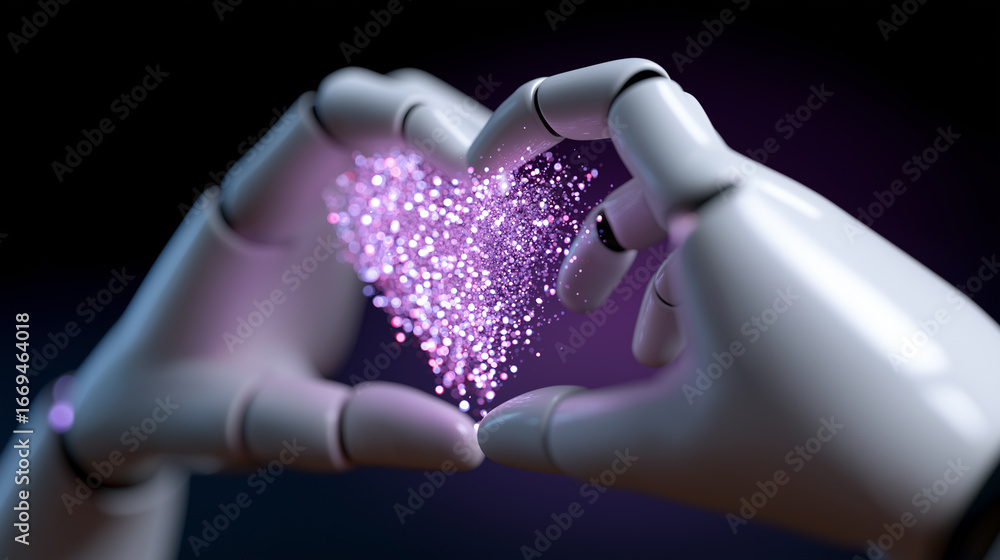 Poster robotic hands create a glowing heart shape made of light particles, symbolizing love, emotion, and t