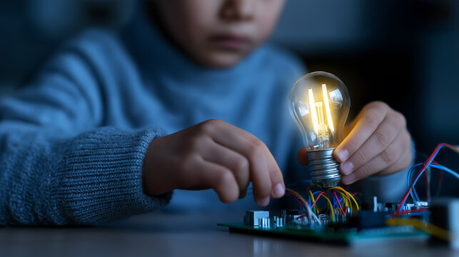 A child is conducting a science experiment with a glowing lightbulb and electrical components, symbolizing learning, STEM education, and creativity.