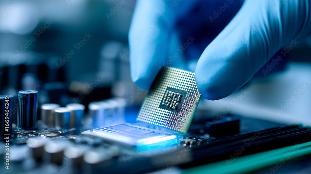 Poster a gloved hand installs a microchip onto a motherboard. the image emphasizes precision, technology, a