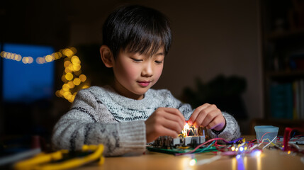 A young boy is working on an electronic project, connecting circuits and lighting up small bulbs, suggesting learning, STEM, and innovation.