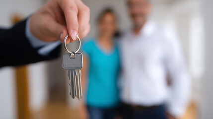 A person holds out a set of house keys in focus, with a smiling couple in the background, symbolizing buying or renting a new home, ownership, or real estate transactions.
