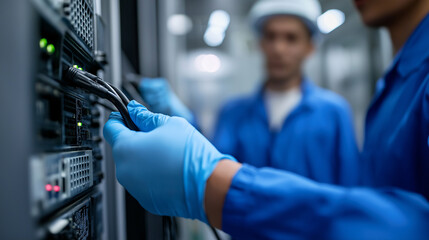 A close-up of a gloved hand connecting cables in a server room, with two technicians in blue uniforms working in the background, symbolizing IT maintenance, data management, and tech support.