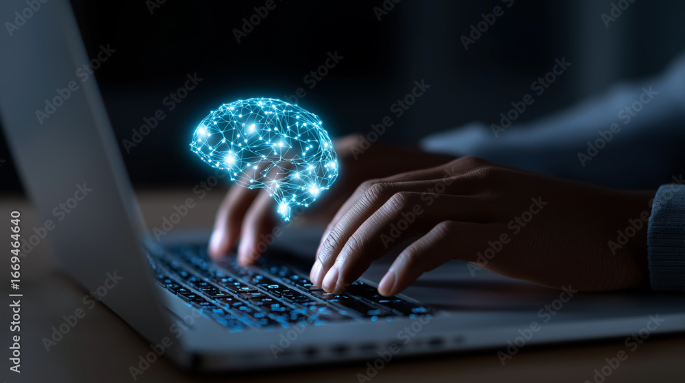 Poster a glowing digital brain hologram floats above a laptop keyboard as a person types, symbolizing artif