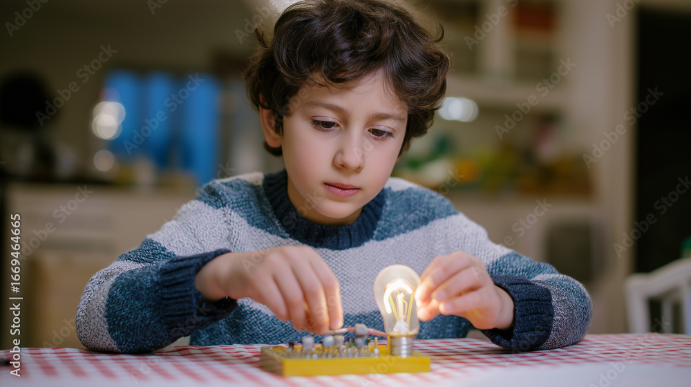 Poster a child is conducting a science experiment with a glowing lightbulb and electrical components, symbo