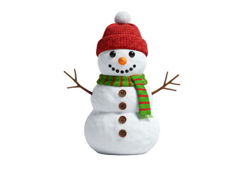 Isolated Snowman wearing a warm hat and scarf, happy winter holidays symbol, cheerful