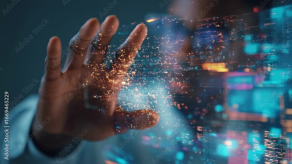 Poster medium focused shot of a person using hand gestures to manipulate 3d holographic project files withi