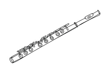 Detailed hand drawn sketch of a classical woodwind musical instrument flute isolated on a white background
