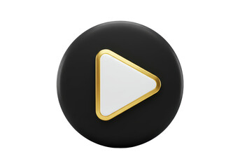 Isolated 3D play button in a round black shape with a golden edge, modern style