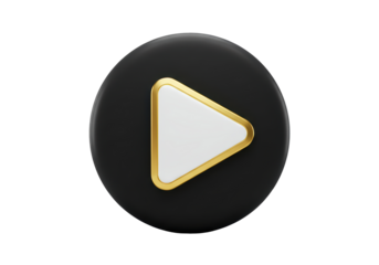 Isolated 3D play button in a round black shape with a golden edge, modern style