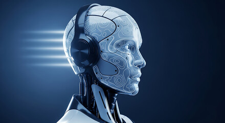 Futuristic ai robot listening to music with headphones in a modern design