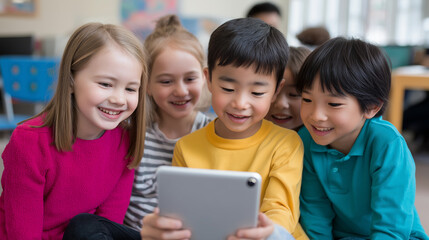 A diverse group of four young children smiling and engaging with a tablet device, suggesting digital learning, fun apps, or educational games in a collaborative environment.