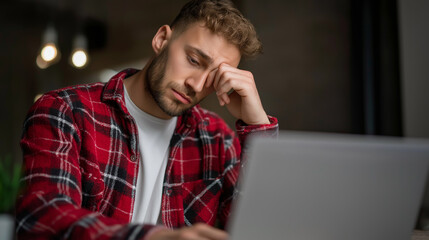 A young man wearing glasses and a plaid shirt sits in front of a laptop with a hand on his forehead, looking tired or stressed, possibly dealing with work, studies, or deadlines.