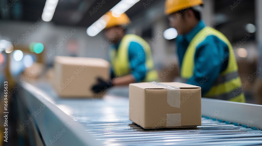Poster automated conveyor belt with cardboard boxes in a busy distribution center, workers in safety vests 