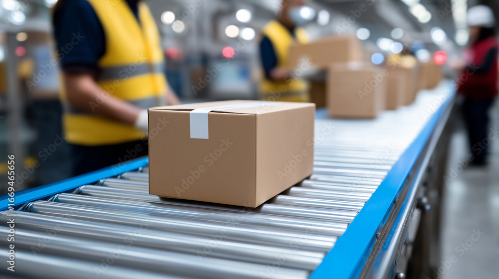 Poster automated conveyor belt with cardboard boxes in a busy distribution center, workers in safety vests 