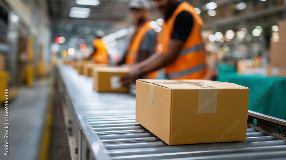 Poster automated conveyor belt with cardboard boxes in a busy distribution center, workers in safety vests 