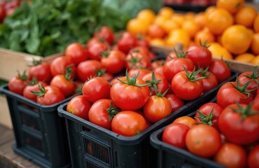 Fresh ripe tomatoes with green stems displayed in black crates at a vibrant farmers market. These red vegetables are neatly arranged for retail sale, alongside other fresh produce.