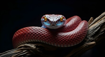 Red viper snake coiled on a branch against a dark background