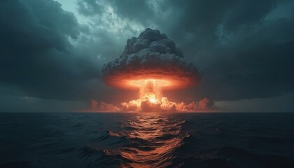 Nuclear explosion erupts over dark ocean waters under stormy sky. Massive mushroom cloud billows with intense orange, red light, illuminating chaotic dark waves. Military conflict concept, global