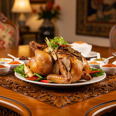 roasted duck with potatoes and salad
