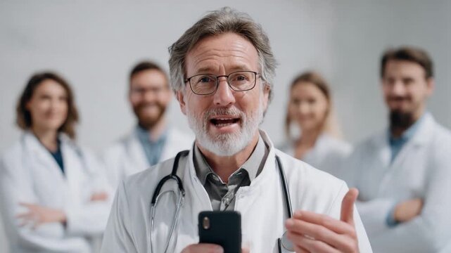 Doctors in Communication: A leading doctor addresses the viewer while holding a smartphone, other medical professionals standing behind him, exuding a sense of confidence and expertise. 
