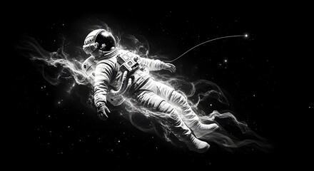 Astronaut floating in space with glowing energy trail in black and white