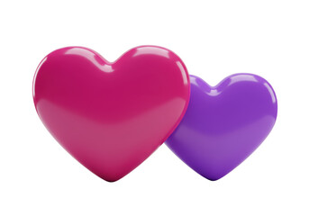 Isolated pair of pink and violet glossy hearts floating together in loving union