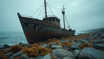Weathered, abandoned wooden shipwreck lies stranded on rocky, seaweed-strewn shoreline under cloudy sky. Vessel decaying structure, surrounding natural elements convey sense of timelessness,