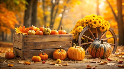 A charming wooden crate overflowing with pumpkins and sunflowers, beside an antique wagon wheel, set against a vibrant autumn forest backdrop