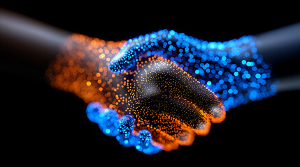 A digital representation of two hands shaking, one glowing orange and the other blue, made up of light particles. Symbolizes technology partnerships, innovation, and collaboration.
