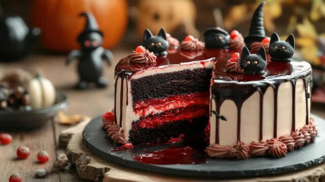 Halloween chocolate cake with witch hat and black cat decorations. Halloween, All Hallows Eve, Samhain - Spooky Holiday Season, Fall Festival Celebration