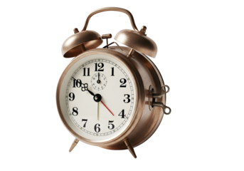 Vintage bronze alarm clock isolated on transparent background, a classic timepiece to wake you up in style and add a touch of nostalgia to your decor