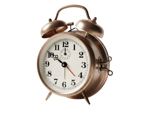 Vintage bronze alarm clock isolated on transparent background, a classic timepiece to wake you up in style and add a touch of nostalgia to your decor