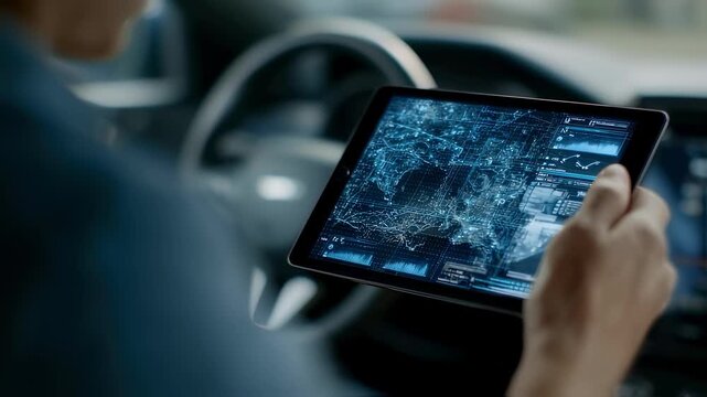 Close medium shot of hands operating a tablet showing instant debriefs created by AI from helmet cam videos background softly out of focus illustrating techdriven field reporting.