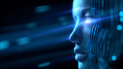 A digital rendering of a human face made of glowing blue dots and lines, giving a futuristic, technological, and artificial intelligence (AI) aesthetic. The background is dark with horizontal streaks 