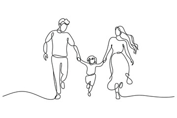Continuous line drawing of a happy family of three walking together holding hands with a child in the middle