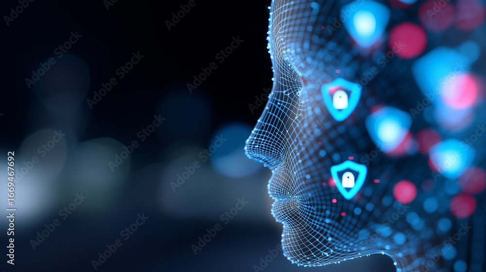Poster wireframe face symbolizing artificial intelligence with digital security icons overlayed, concept of