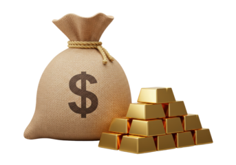 Isolated treasure: bag of money and gold bars, business concept, financial well-being