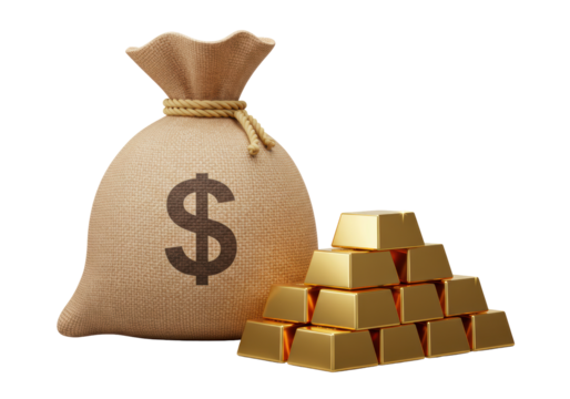 Isolated treasure: bag of money and gold bars, business concept, financial well-being