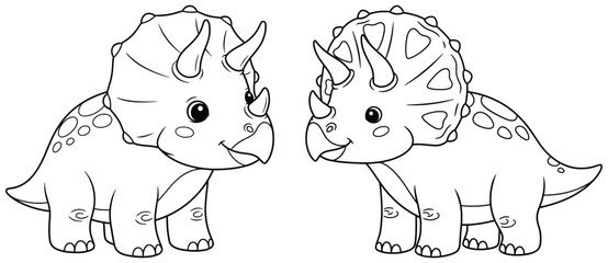 Dinosaur vector illustration of baby triceratops in cute cartoon style with three horns and frill, designed for kids coloring pages and creative projects