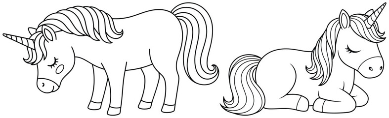 Unicorn outline vector illustration of a cute magical horse with horn in simple cartoon black line art style for creative drawings and designs
