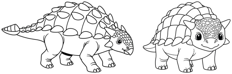 Dinosaur illustration with three cartoon ankylosaurs in vector style featuring armored bodies, spiked tails and playful poses created as outlined line art