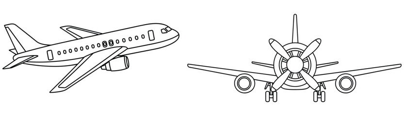 Obraz premium Airplane vector illustration in cartoon outline style showing a jet aircraft and a propeller plane front view, designed for transport and travel projects