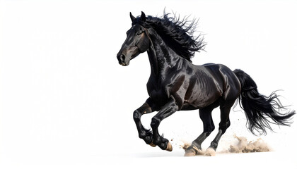 Fototapeta premium Black Friesian Horse Galloping Powerfully on White Background Equine Beauty Freedom Strength Grace Action Animal Stock Photo