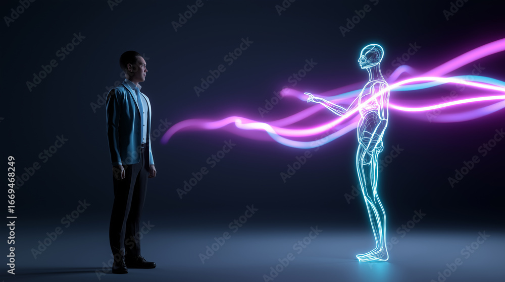 Poster a digital male figure with a glowing neural interface reaches out to touch colorful data streams. th
