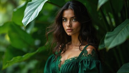 Elegant woman with dark hair wears stunning emerald green lace dress. Posing gracefully in tropical plants. Alluring look, sophisticated style blend fashion with nature, creating glamorous portrait.