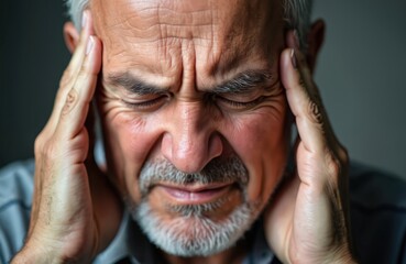 Close-up of older man experiencing intense head pain, holding temples with hands. Conveying distress, discomfort, frustration, suffering. Focus on emotional struggle, facial expression, mental