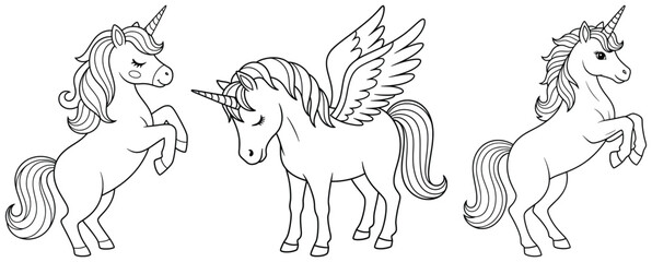Unicorn illustration with four cartoon designs in vector style including standing, rearing and flying winged characters created as simple outlined line art