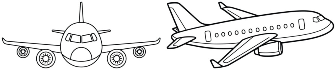 Airplane illustration with two cartoon passenger jets in vector style viewed from the front showing cockpit windows and engines created as outlined line art